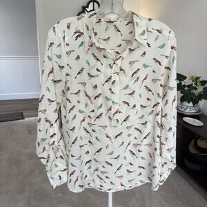 Ann Taylor Top Womens S Birds Nature Lover Pop Over Roll Tab Tunic Shirt Ivory